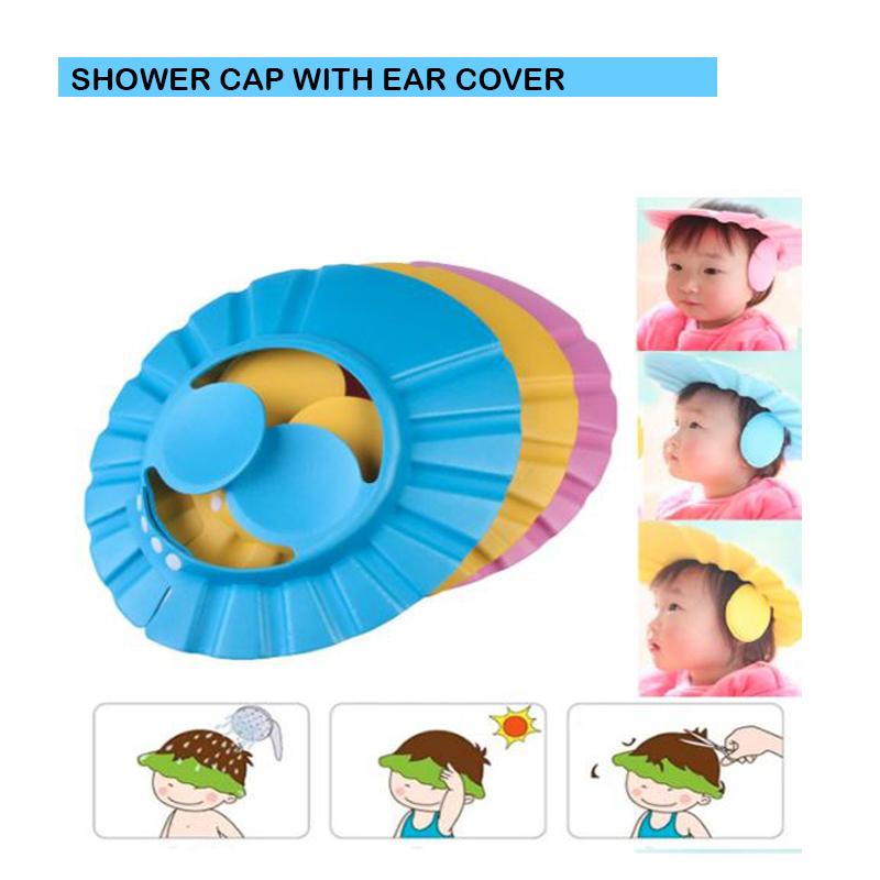Adjustable shower cap for gentle baby bath time. Adjustable shower cap for gentle baby bath time.